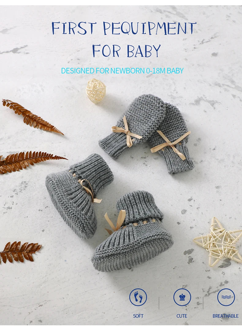Newborn Baby Shoes Knitted Infant Girls Boys Boots Cute Butterfly-knot Toddler Walk Bed Shoes Warm 0-18M Accessories Hats Gloves