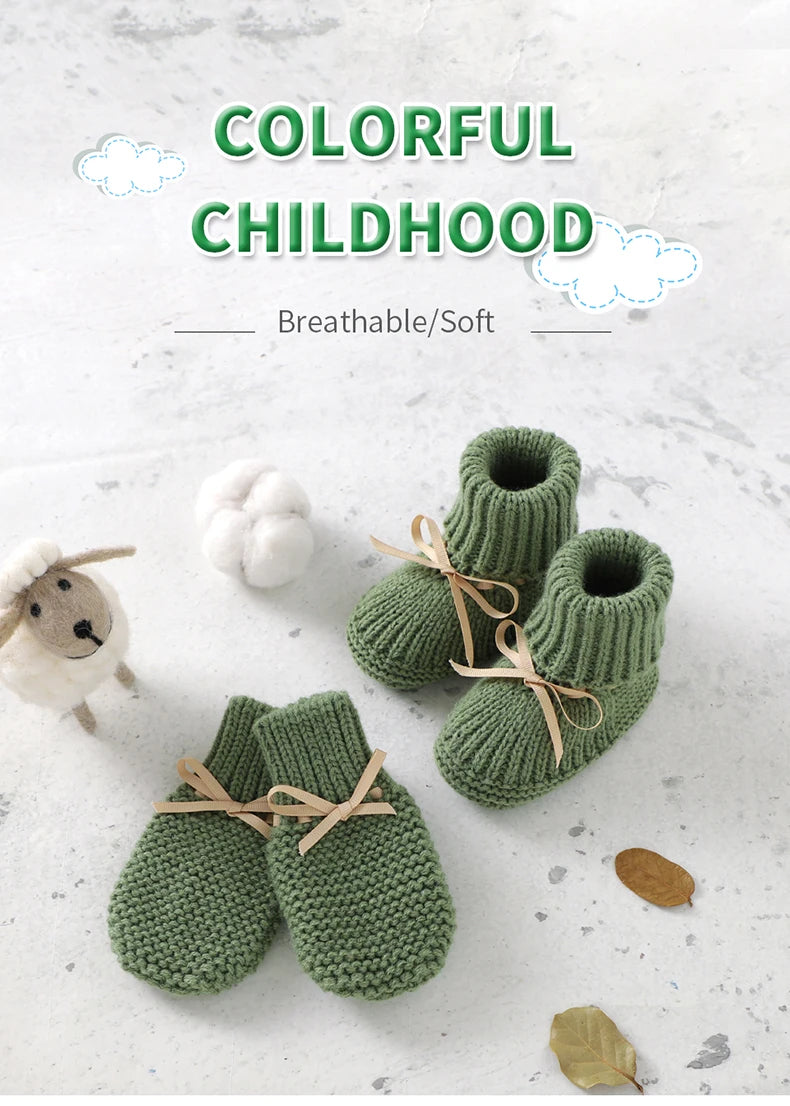 Newborn Baby Shoes Knitted Infant Girls Boys Boots Cute Butterfly-knot Toddler Walk Bed Shoes Warm 0-18M Accessories Hats Gloves