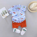 Infants and Toddlers Covered in Printed Cartoon Dinosaur Stand-up Collar Shirt Short Sleeve 2 Piece Set