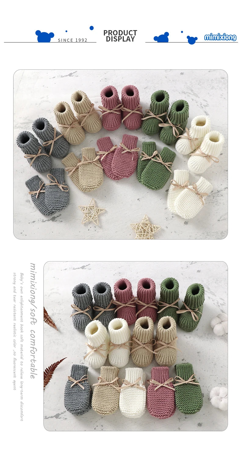 Newborn Baby Shoes Knitted Infant Girls Boys Boots Cute Butterfly-knot Toddler Walk Bed Shoes Warm 0-18M Accessories Hats Gloves