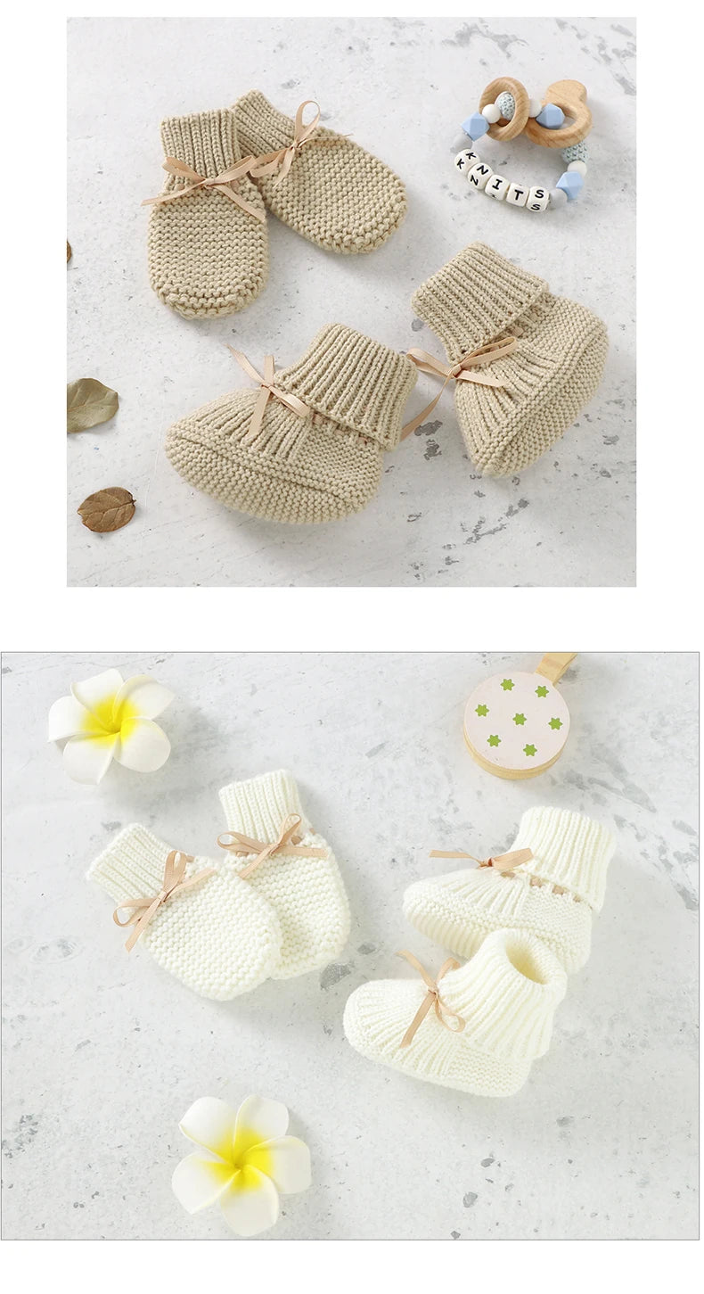 Newborn Baby Shoes Knitted Infant Girls Boys Boots Cute Butterfly-knot Toddler Walk Bed Shoes Warm 0-18M Accessories Hats Gloves