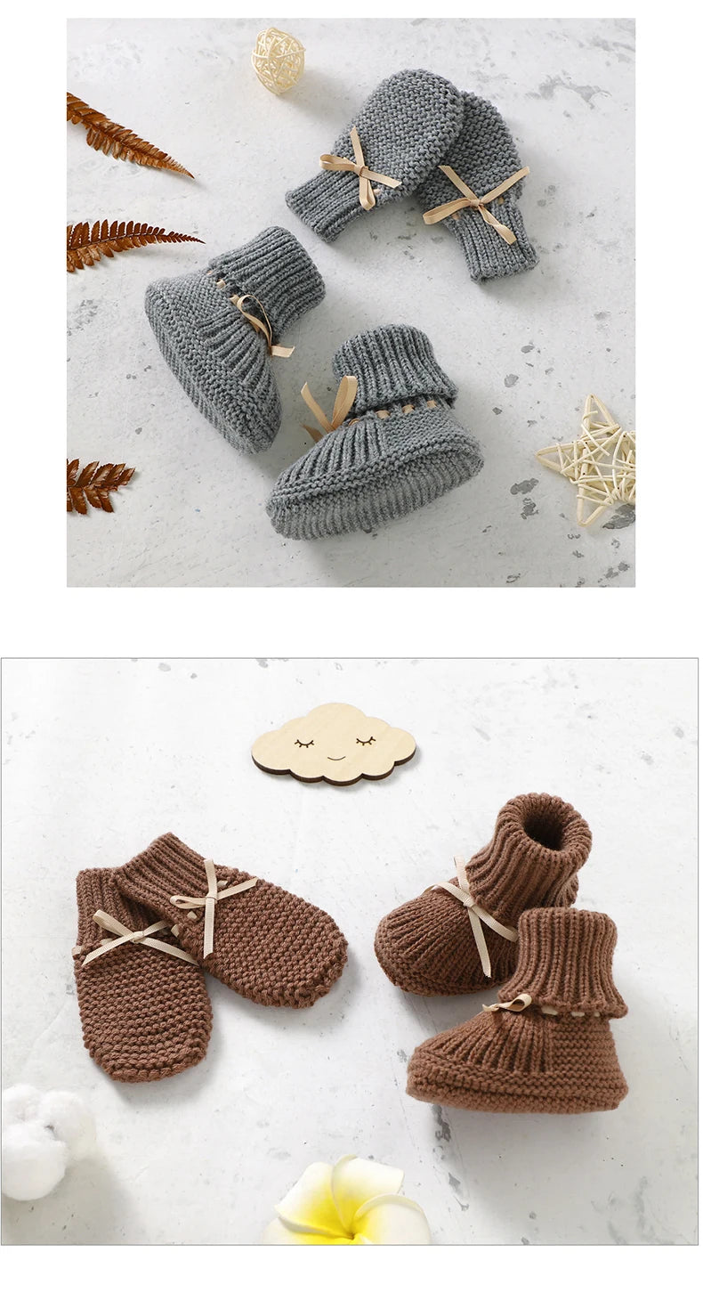 Newborn Baby Shoes Knitted Infant Girls Boys Boots Cute Butterfly-knot Toddler Walk Bed Shoes Warm 0-18M Accessories Hats Gloves