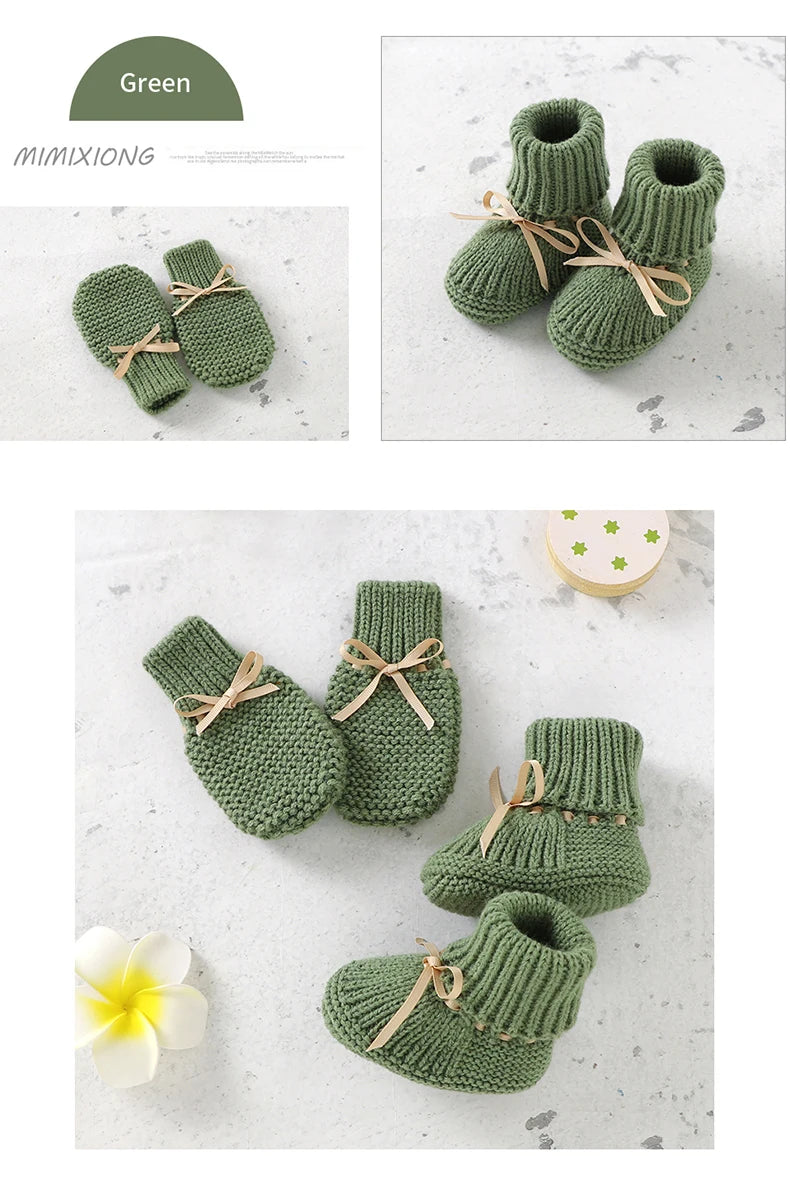 Newborn Baby Shoes Knitted Infant Girls Boys Boots Cute Butterfly-knot Toddler Walk Bed Shoes Warm 0-18M Accessories Hats Gloves