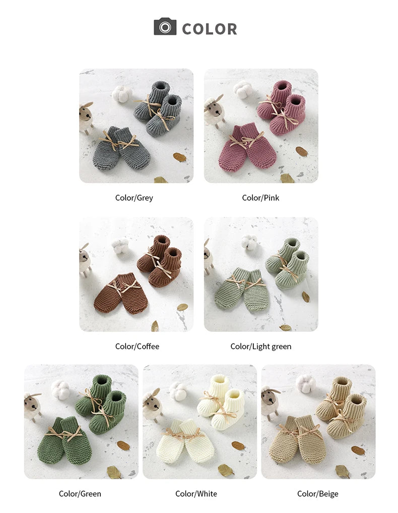 Newborn Baby Shoes Knitted Infant Girls Boys Boots Cute Butterfly-knot Toddler Walk Bed Shoes Warm 0-18M Accessories Hats Gloves