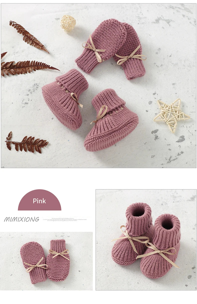 Newborn Baby Shoes Knitted Infant Girls Boys Boots Cute Butterfly-knot Toddler Walk Bed Shoes Warm 0-18M Accessories Hats Gloves