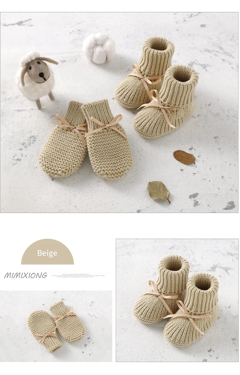 Newborn Baby Shoes Knitted Infant Girls Boys Boots Cute Butterfly-knot Toddler Walk Bed Shoes Warm 0-18M Accessories Hats Gloves