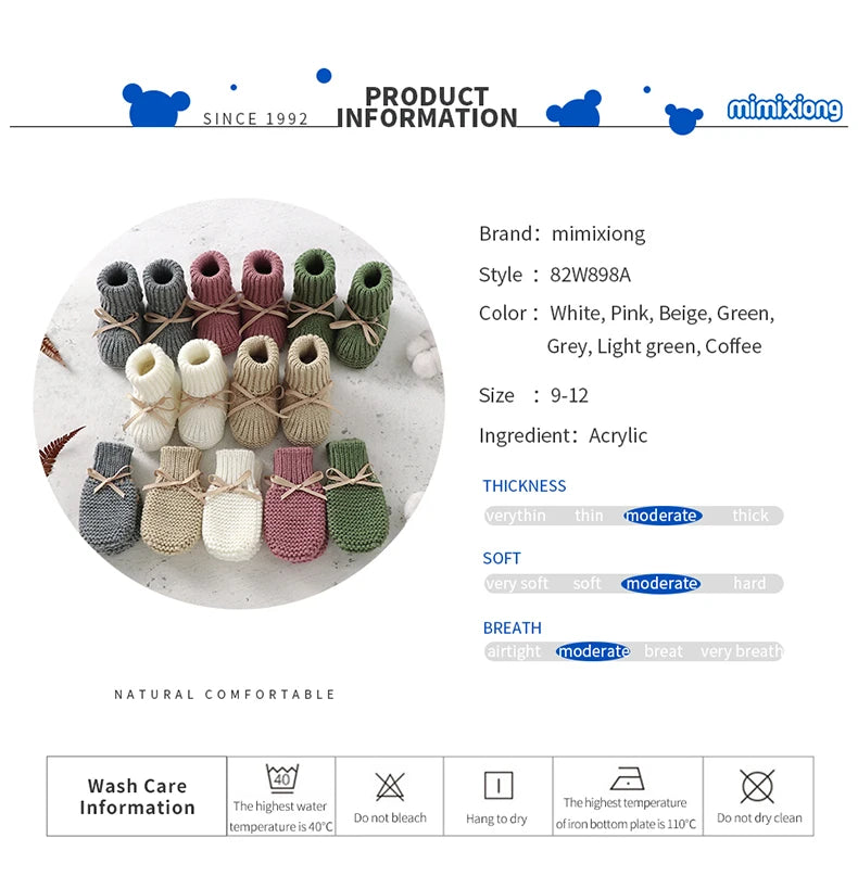 Newborn Baby Shoes Knitted Infant Girls Boys Boots Cute Butterfly-knot Toddler Walk Bed Shoes Warm 0-18M Accessories Hats Gloves
