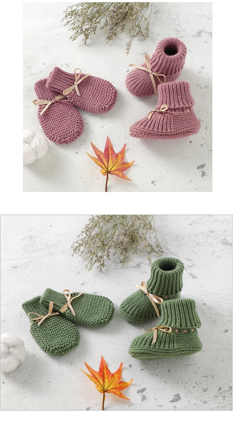 Newborn Baby Shoes Knitted Infant Girls Boys Boots Cute Butterfly-knot Toddler Walk Bed Shoes Warm 0-18M Accessories Hats Gloves