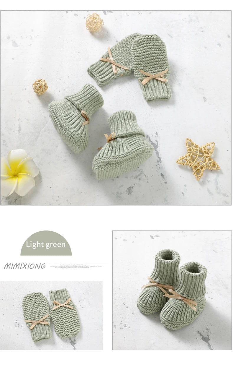 Newborn Baby Shoes Knitted Infant Girls Boys Boots Cute Butterfly-knot Toddler Walk Bed Shoes Warm 0-18M Accessories Hats Gloves