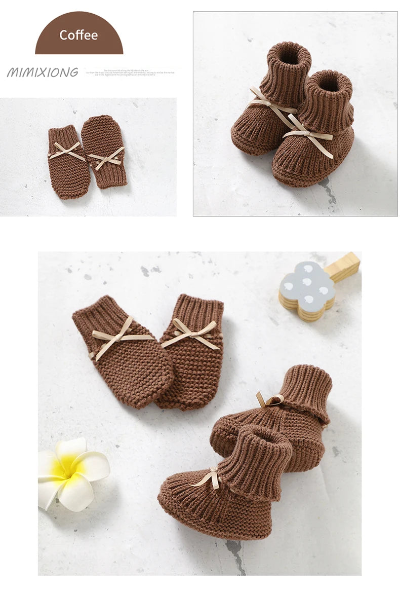 Newborn Baby Shoes Knitted Infant Girls Boys Boots Cute Butterfly-knot Toddler Walk Bed Shoes Warm 0-18M Accessories Hats Gloves