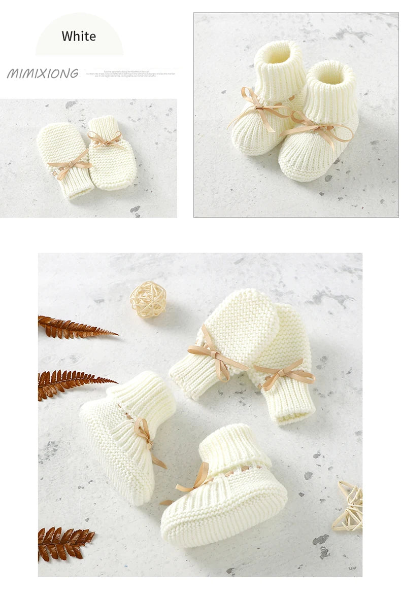Newborn Baby Shoes Knitted Infant Girls Boys Boots Cute Butterfly-knot Toddler Walk Bed Shoes Warm 0-18M Accessories Hats Gloves