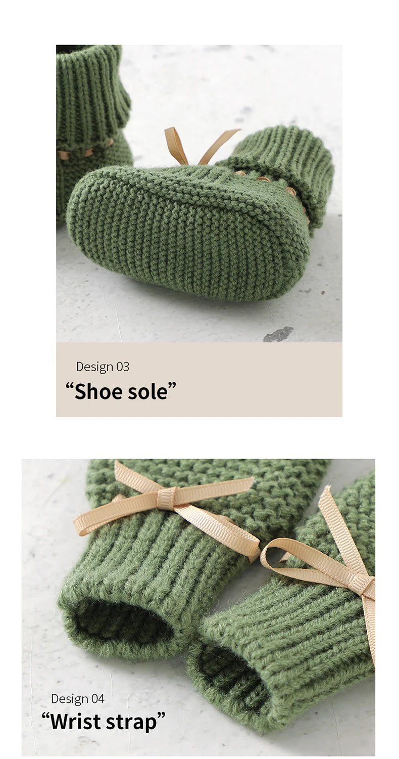 Newborn Baby Shoes Knitted Infant Girls Boys Boots Cute Butterfly-knot Toddler Walk Bed Shoes Warm 0-18M Accessories Hats Gloves