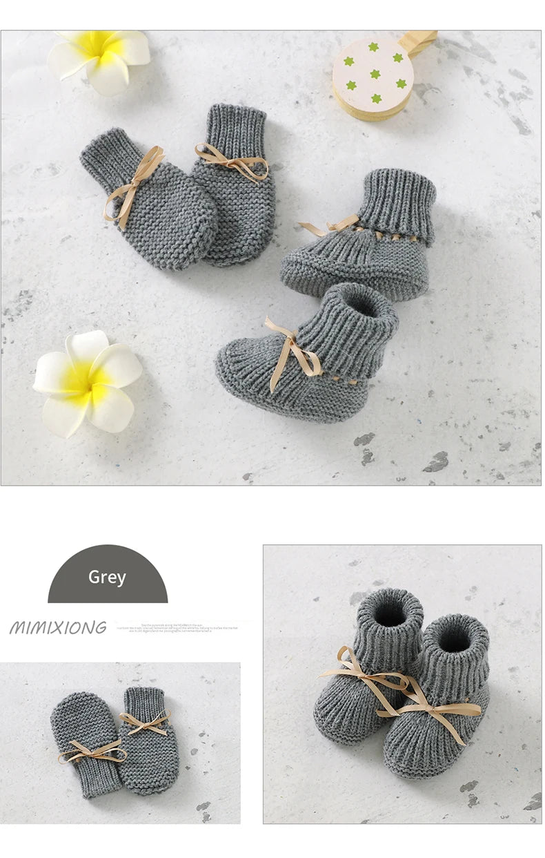 Newborn Baby Shoes Knitted Infant Girls Boys Boots Cute Butterfly-knot Toddler Walk Bed Shoes Warm 0-18M Accessories Hats Gloves